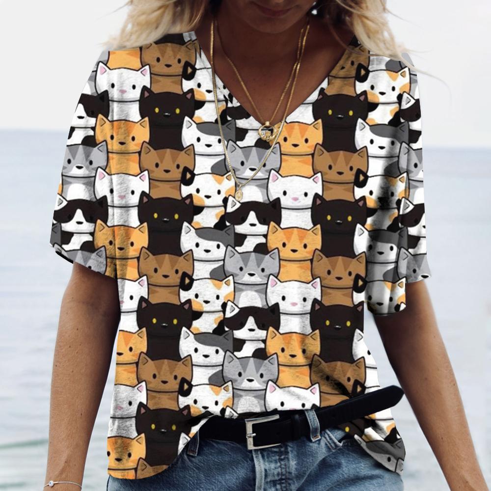 Cartoon Kitten Women's T Shirt Harajuku Clothing Summer V-Neck Girls Pullover  Short Sleeve Tees Female Casual Streetwear