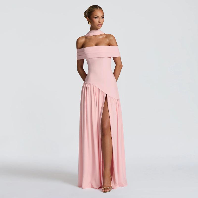 

European and American women s clothing one-word shoulder solid color split-ended dress fashionable and sexy backless high split-ended dress L рожевий
