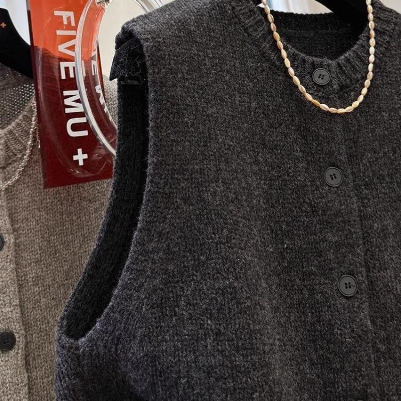 Women Sweater Vests Casual Loose Basics Solid Buttons Knitwear Sleeveless Female Bottom Sweater Vintage Simple Simple Tank