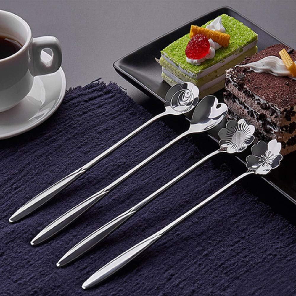 Stainless Steel Creative Long Handle Spoon Set - Mixing, Tea, Cake, Sugar, Dessert, Ice Cream, Cocktail Stirring, Coffee, Milkshake, Cold Drink - 4
