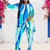Women Plus Size Blue White Pink Printed Round Neck Long Sleeve Layered Two Piece Pants Set