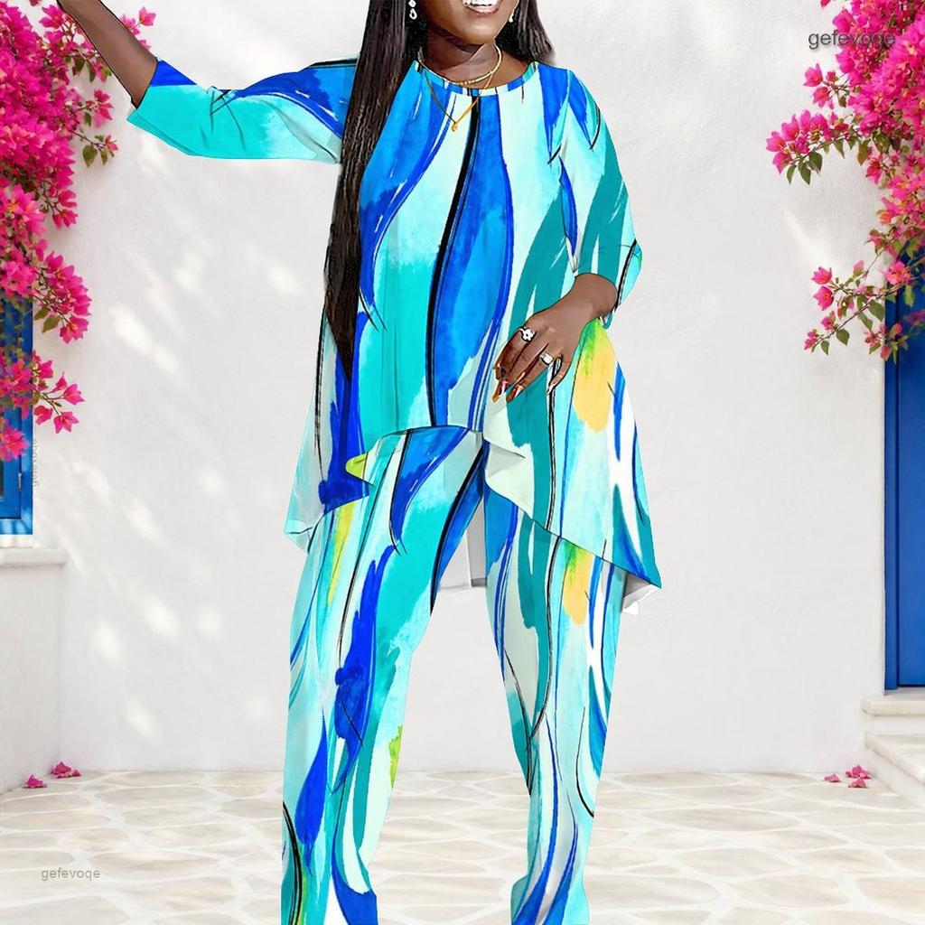 Women Plus Size Blue White Pink Printed Round Neck Long Sleeve Layered Two Piece Pants Set