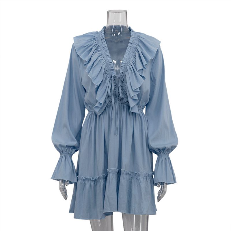 

Fashion Fashion V Neck Pleating Bell Sleeve Ruffles Dress V-Neck Flared Sleeve Dress Blue M