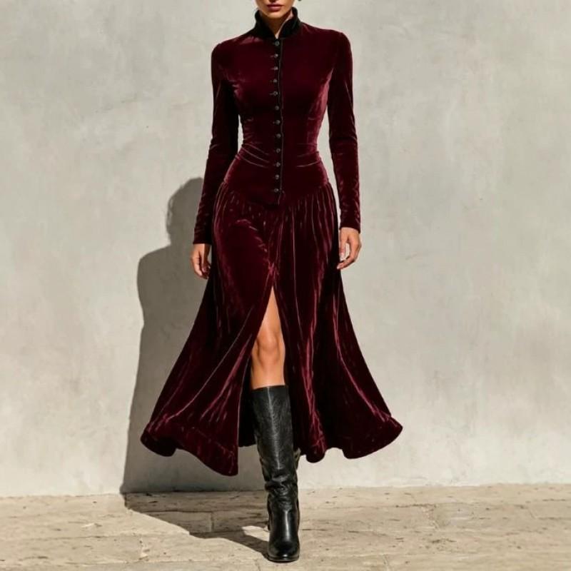 2026 Fall Winter Solid Button Long Sleeve Stand Collar Slit Elegant Dress Women