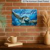 2D Flat, Just Breathe Sea Turtle Metal Wall Art - Rustic Aluminum Ocean-Themed Decor with Coral Reef & Blue-Green Turtle, Calming Bathroom Sign for