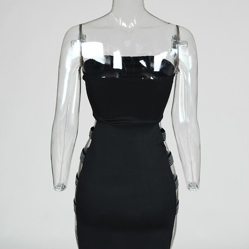 

Stylish Fashion Elegant Punk Hip Wrapping Machine Hollow Dress Chest Wrapping Miniskirt Bandage Silm Nightclub Skirt Black L