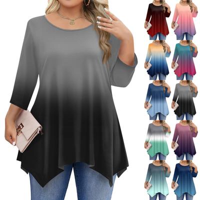 Womens Plus Size 3/4 Sleeve Shirts  Round Neck Tunic Tops Basic Loose Fit Tee Tops L-5XL