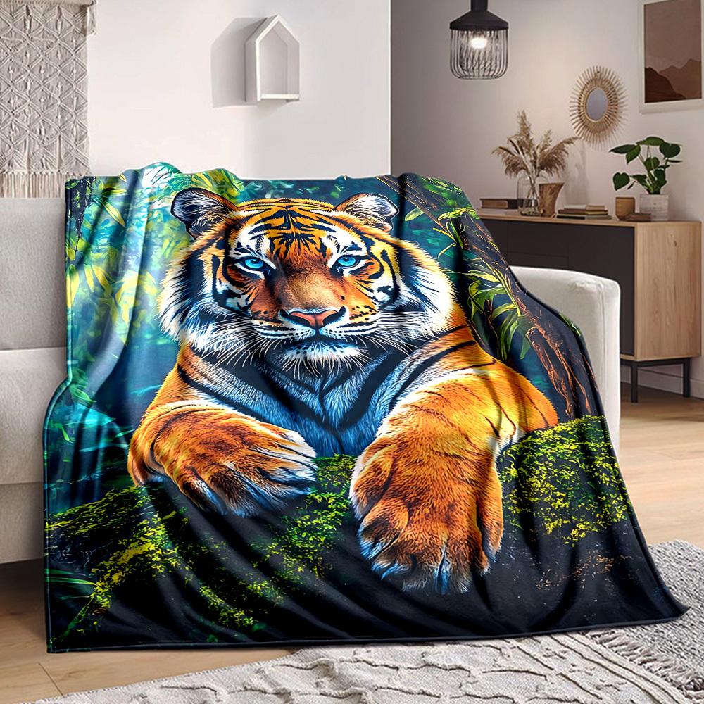 1pc Tiger Print Blanket, Lightweight Flannel Fleece with Digital Printing, Soft Warm for Sofa, Travel, Camping, Office, Couch, Chair, and Bed, All-Sea