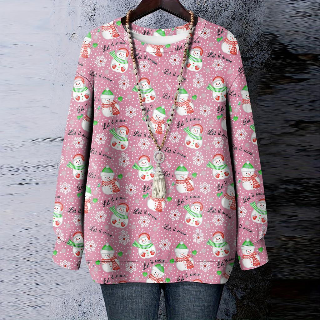Ladies' Christmas Printed Round Neck Long Sleeved T-shirt Sweatshirt Top