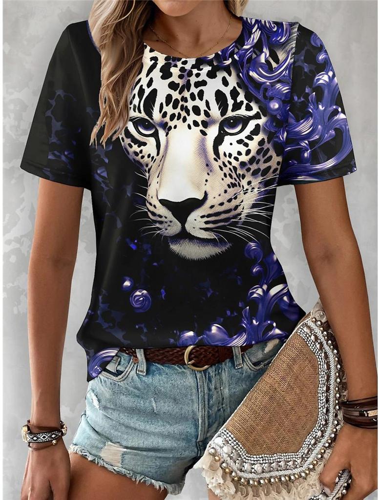 Sommer Damen Pendelshirt mit Löwenprint, Rundhalsausschnitt, kurzärmlig