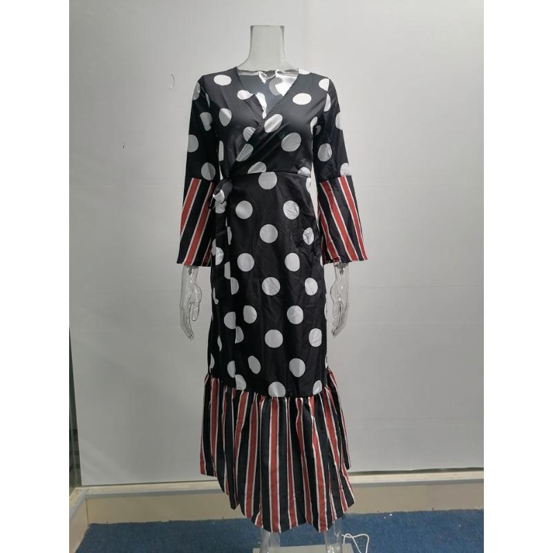 Spring and Autumn Women's Dress Long Sleeve Strappy V-Neck Printed Dresses