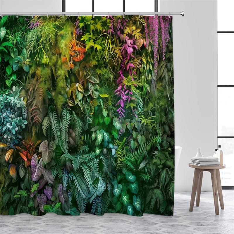 Green Leaves Shower Curtains Tropical Leaf Garden Vine Plant Wall Hanging Fabric Home Bathroom Decor Bath Curtain Set with Hooks