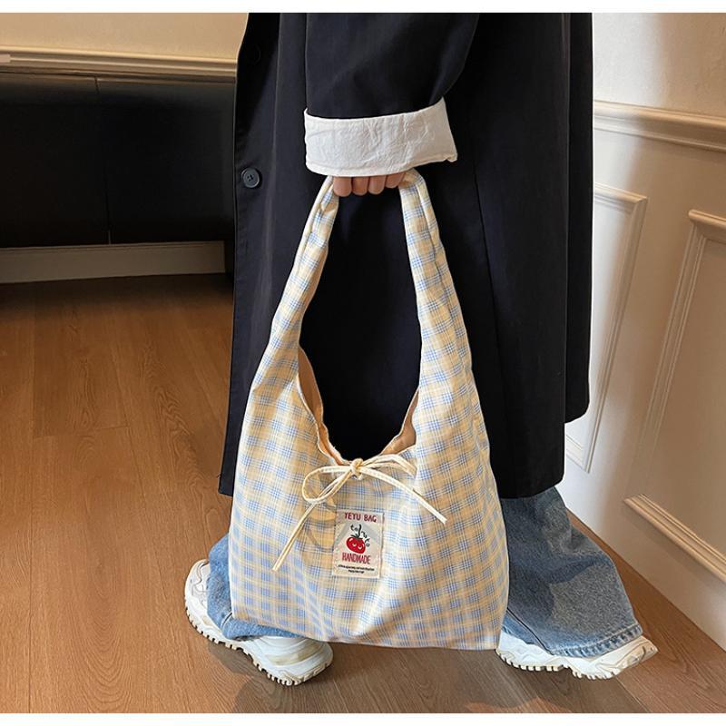 Plaid Shoulder Tote Bag With Cute Bow Decor Large Capacity For Daily Shopping School Commute