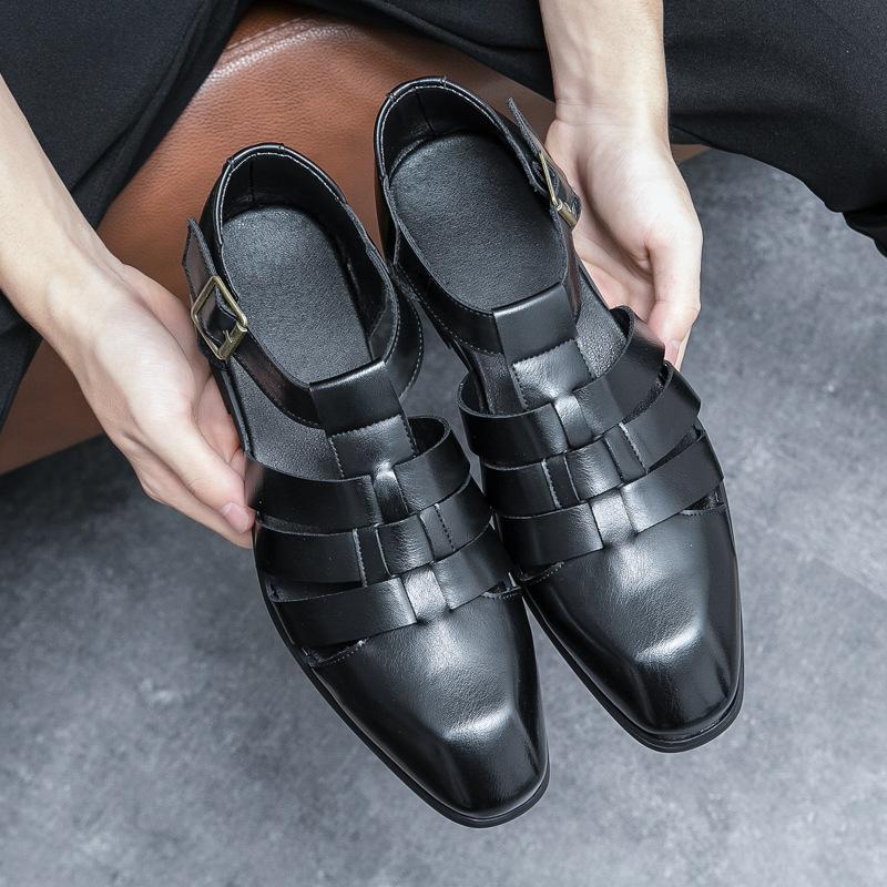 

2025 популярные кожаные сандалии ретро римские сандалии мужские летние повседневные туфли внешняя пряжка полые кожаные туфли мужские 38 чёрный