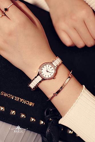 KIMIO K6121 Women's Simple Watch with White Ceramic and Rose Gold Band and Diamond Dial