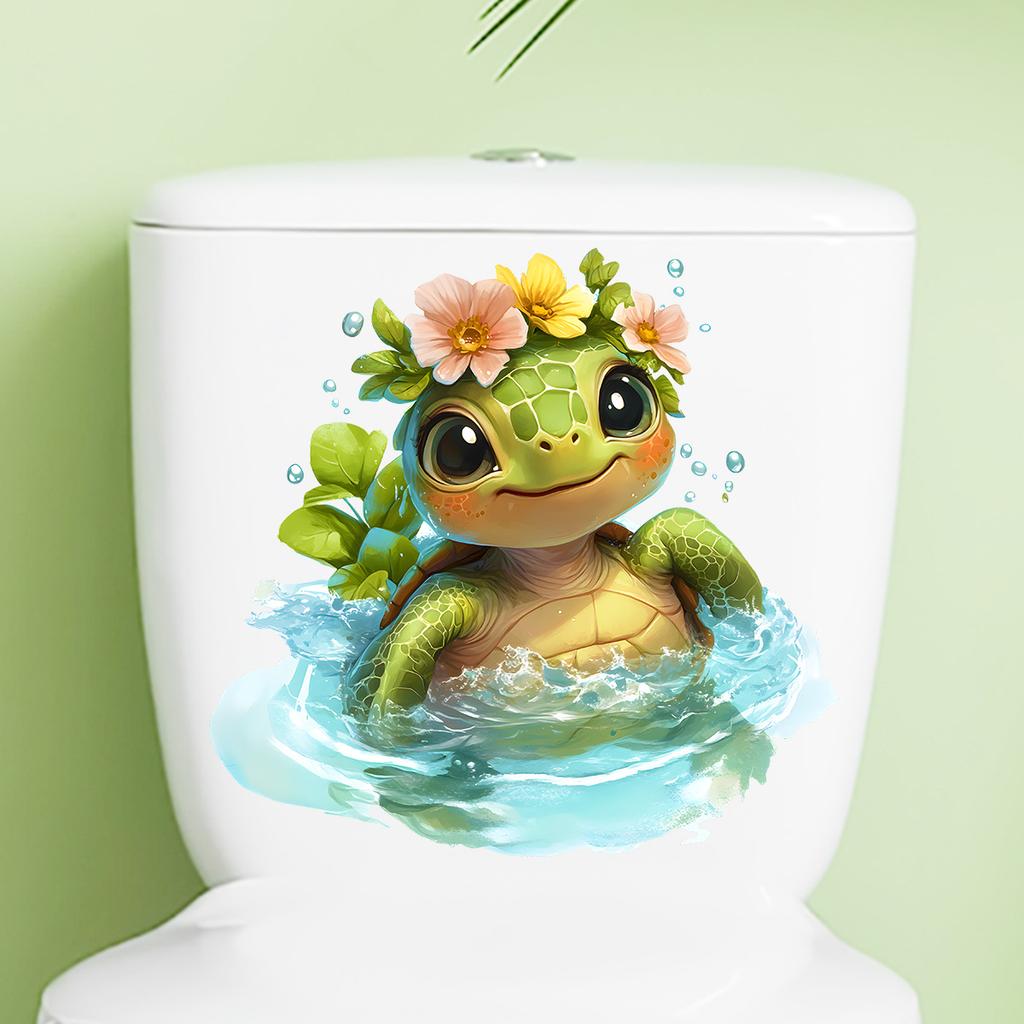 Cute Turtle with Hair Bow Toilet Stickers, Waterproof Self-Adhesive for Bathroom Decor, Sweet Marine Animal Decals
