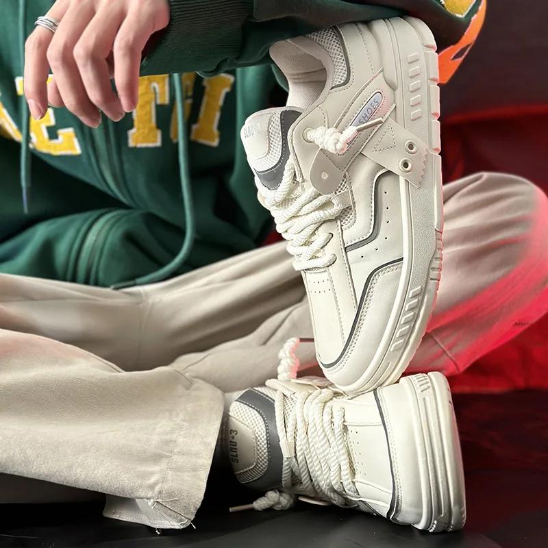 Men Breathable Comfort Board Shoes Thick Sole Non-slip Sneakers Trendy Hundred Leather Casual Shoes Men Zapatillas Tenis Hombres