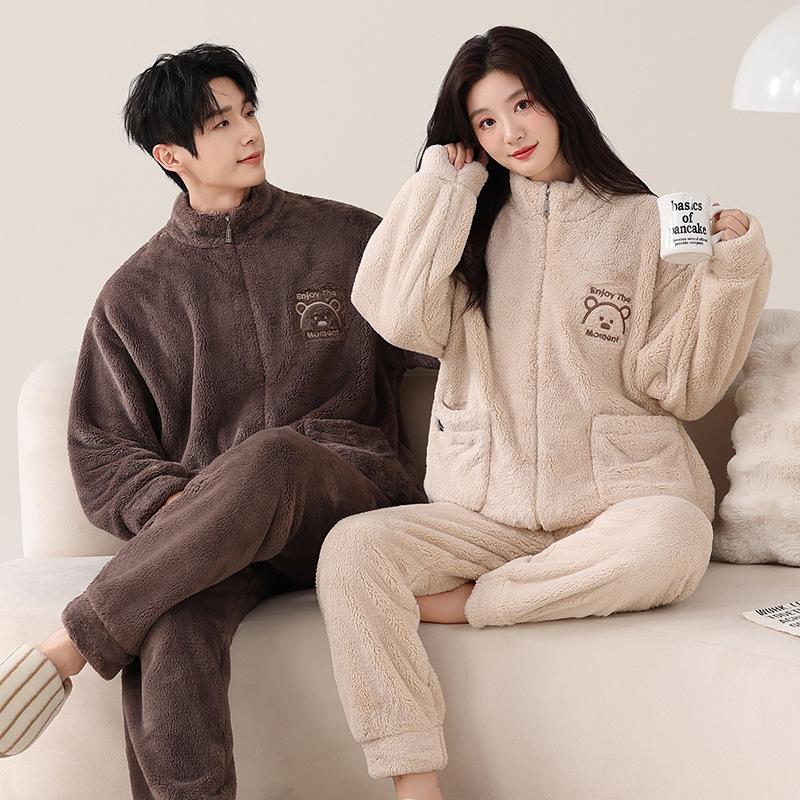 Coral Fleece Couple Pajamas Autumn And Winter Thickened Fleece Warm Flannel Men'S And Women'S Cute Loungewear
