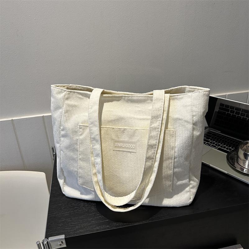 Bolsa de Ombro Feminina de Veludo Cotelê, Bolsa de Mão Casual de Grande Capacidade para Sair Lavável à Máquina com Alça Fixa Forro de Poliéster
