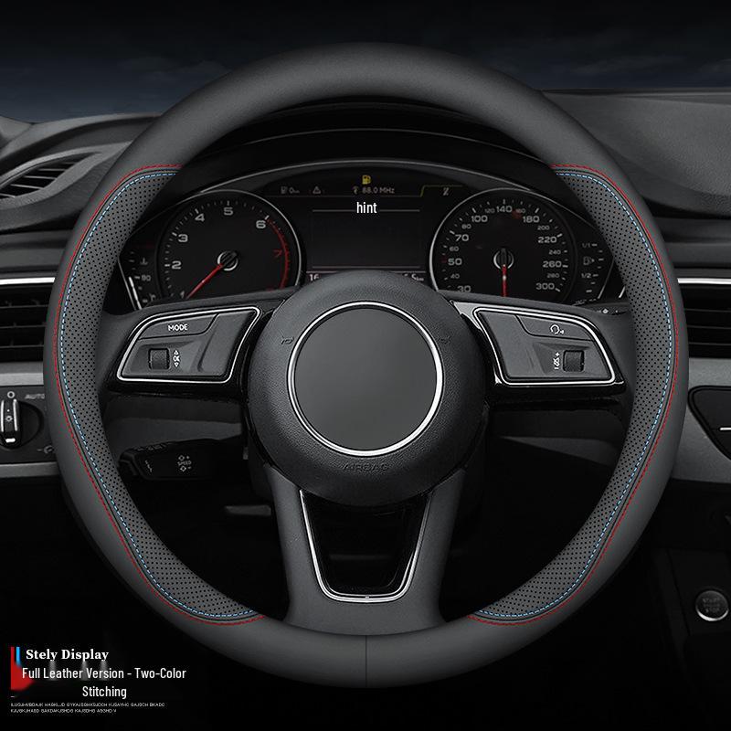 D-Shaped Genuine Leather Steering Wheel Cover: Non-Slip, Sweat-Absorbent, Ultra-Thin, Breathable, Universal Fit for All Seasons