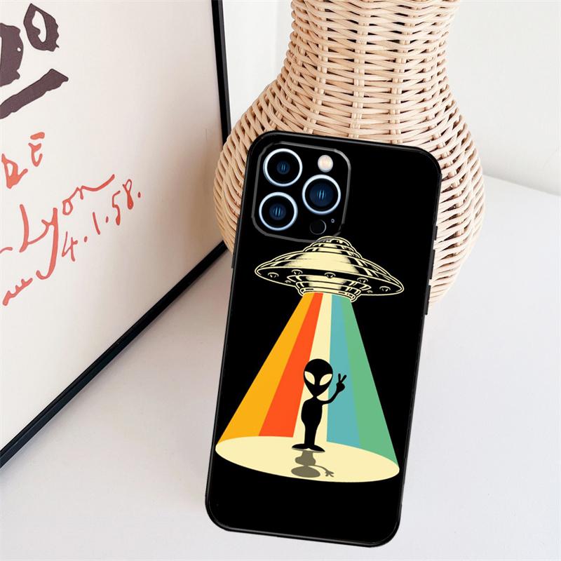 Cartoon Space Alien UFO Case For iPhone 11 12 13 14 16 15 Pro Max Mini X XS Max XR Plus Cover Coque