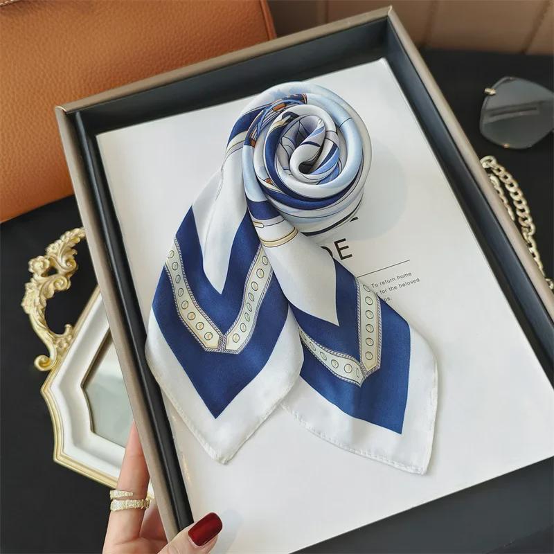 Summer 2023 Blue & White Silk Scarf: Elegant & Versatile 70cm Square Scarf for Women