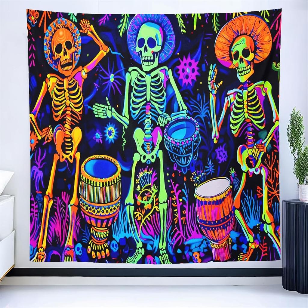CJSLIFEART Blacklight Skull Tapestry Percussion Small Concert Fluorescent Starry Sky Bedroom Tapestry Background Wall Decoration