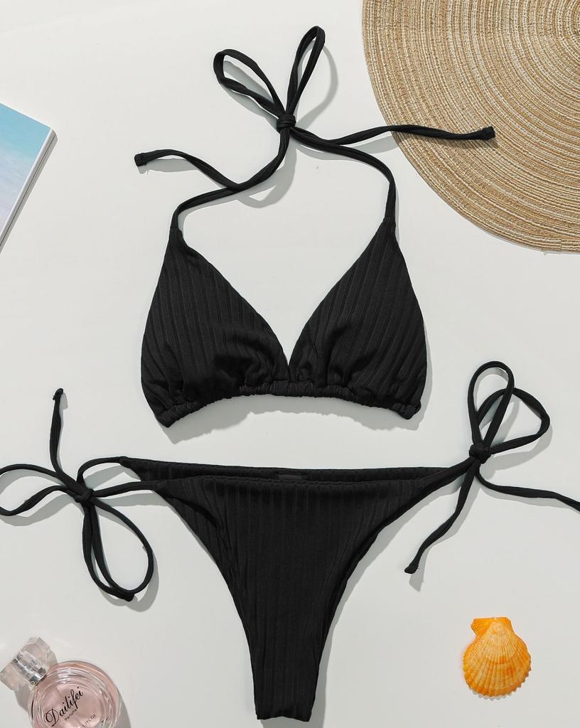 Sexy Women's Swimsuit Solid Color Split Swimsuit Halter Back Tie High Waist Thong Brazilian Beachwear