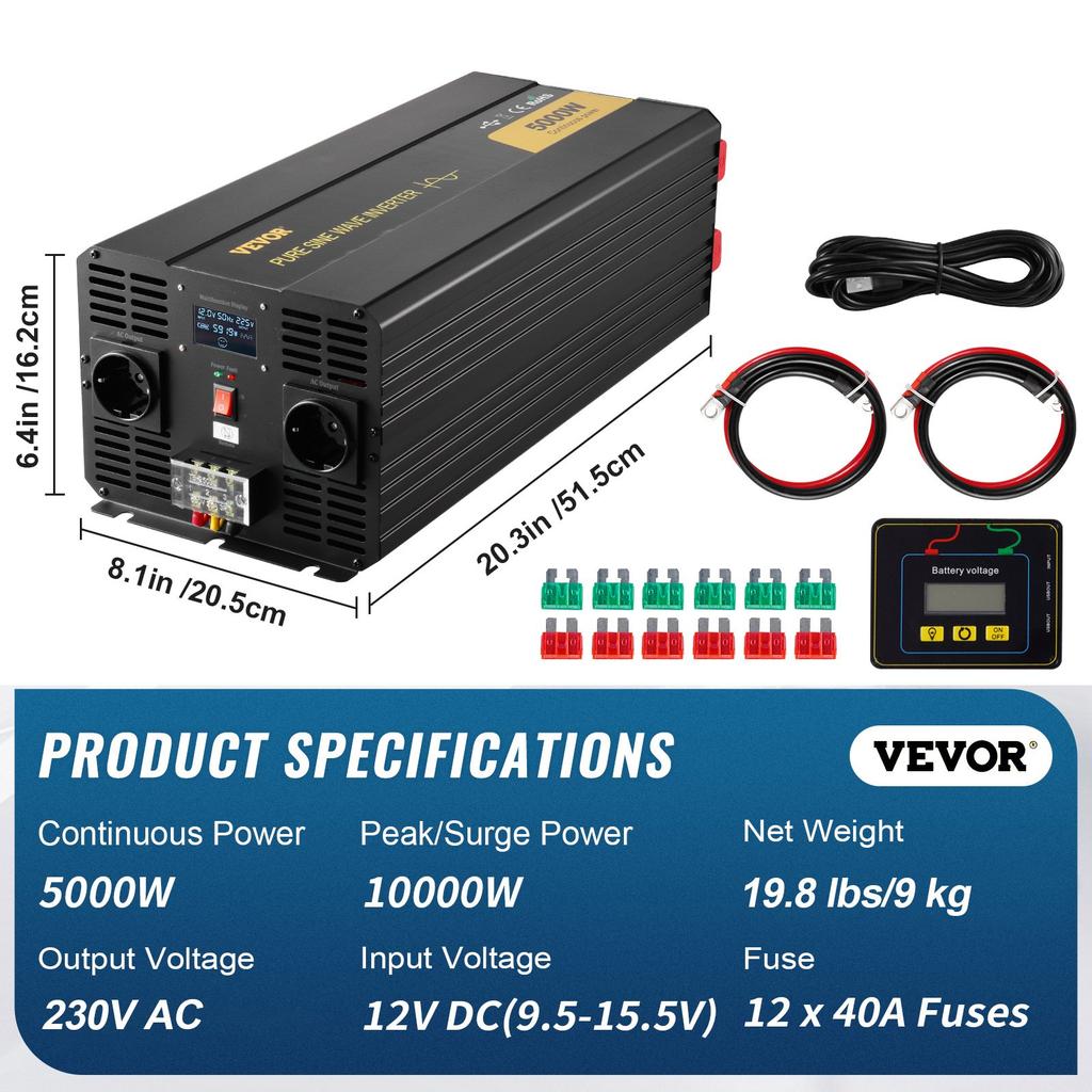 VEVOR Pure Sine Wave Inverter, 5000 Watt, Power Inverter, DC 12V To AC 230V Car Inverter with LCD Display USB Port and Remote Controller