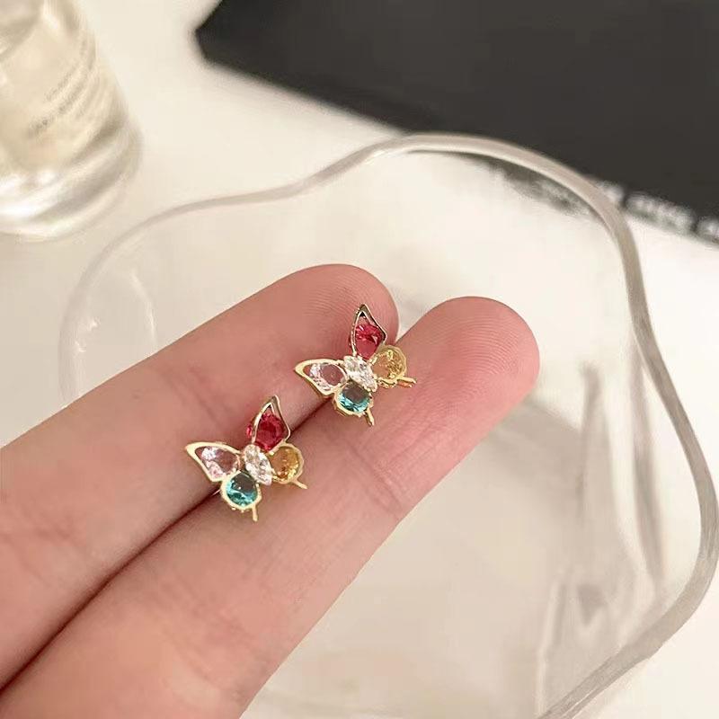 Color Zircon Butterfly Stud Earrings Women's Summer Sweet Temperament Stud Earrings Niche Design Sense Versatile Cute Explosive Earrings