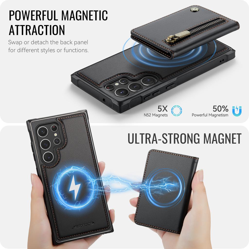 For Samsung Galaxy S22 Ultra 5G Case JEEHOOD J12 Magnetic Detachable Zipper Wallet Kickstand Leather Back Cover Magnetic Case