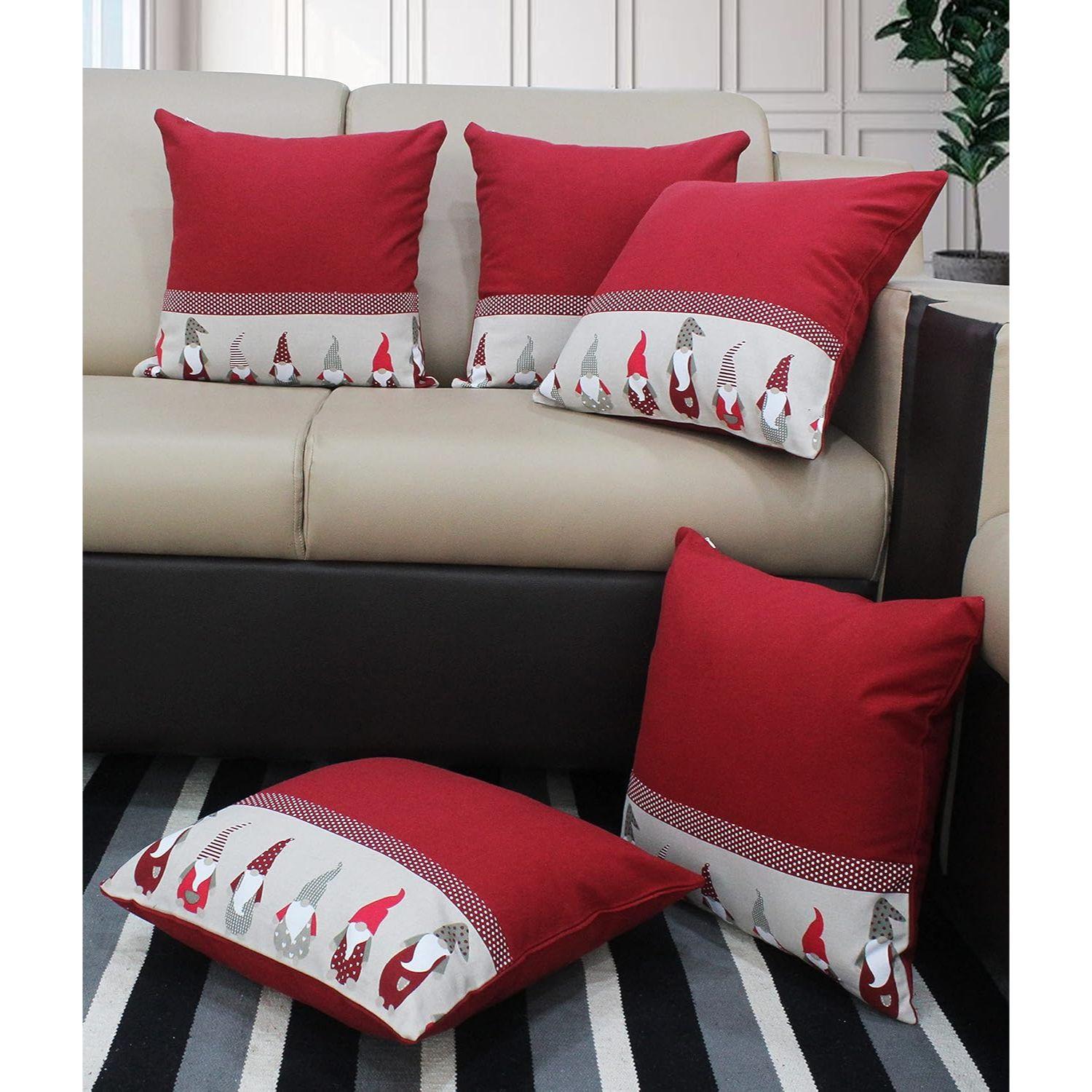 Cotton Genoma Broder Themed Cushion Covers for Cushions Pillows Red Beige Pack of 5 3146₽