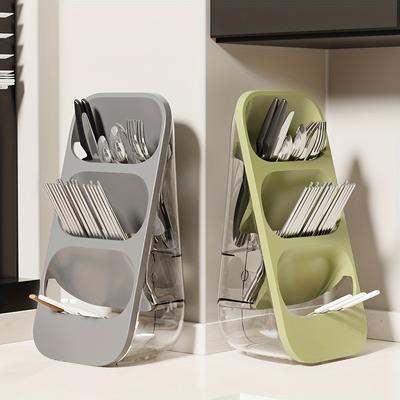 1pc Utensil Rack Home Chopsticks Fork Knife Storage Rack 3-Grids Washable Wall-mounted Desktop Shelf Threeopsticks Cage Kitc