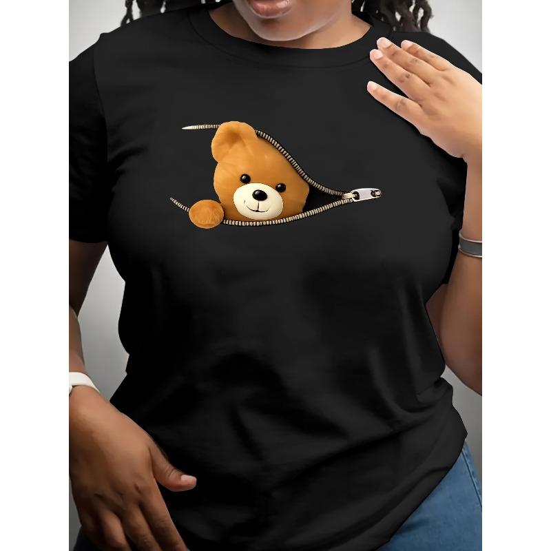 

Women Cute Bear Zipper Graphic T-Shirt Round Neck Short Sleeve Spring Summer Fall Casual Top 4XL чорний