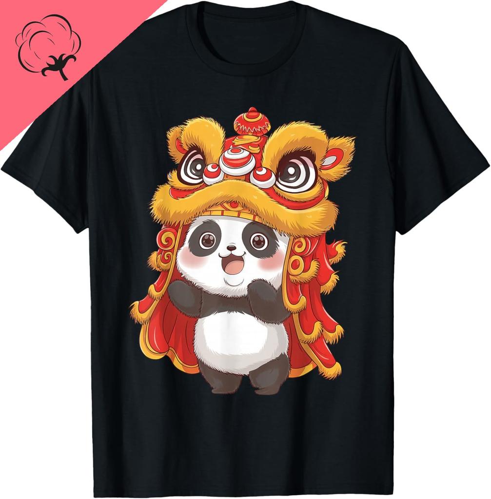 New Year lion dance performance in 2026 panda cute pattern Chinese culture Tshirt kawaii cartoon anime clothes