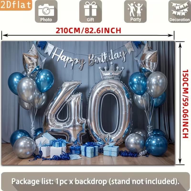 2D Blue Silver 40th Birthday Photography Backdrop Crown & Balloon Party Background