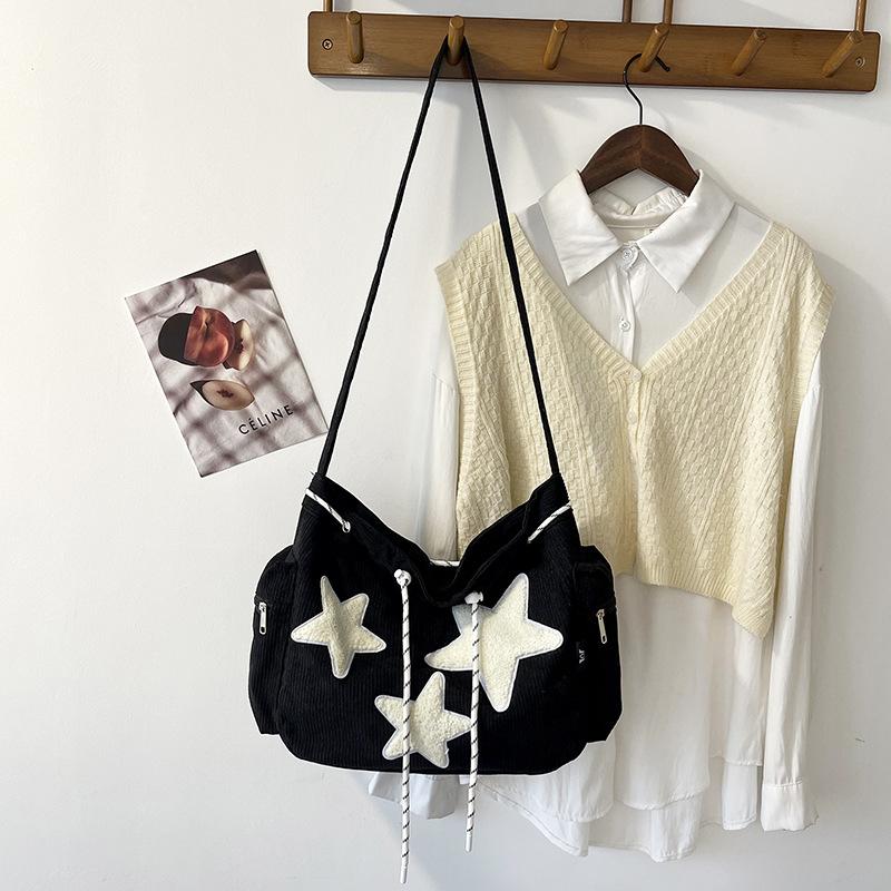 Korean Star Embroidered Crossbody Bag Lightweight Large Capacity Corduroy Commuter Shoulder Bag Women's Multiple Pockets Handbag