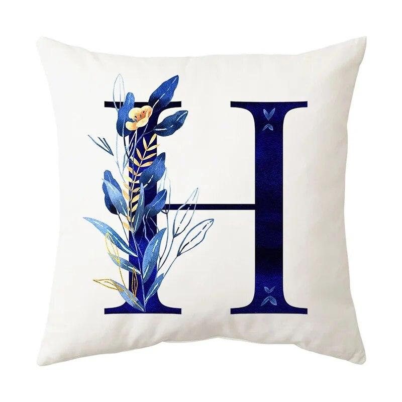 Blue Plant Alphabet Print Pattern Cushion Cover Home Living Room Sofa Decoration Square Throw Pillow Pillow Cover 45x45cm