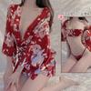 Women's Japanese Print Kimono Deep V Thin Costume Lingerie Set