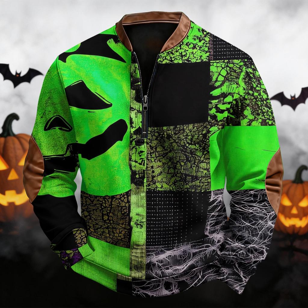 Men's Vintage Halloween Print Half Zip Crewneck Sweatshirt