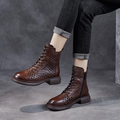 Spring 2025 New First-layer Cowhide Hollow Short Boots Retro British Small Leather Shoes Side Zipper Boots Women's Versatile