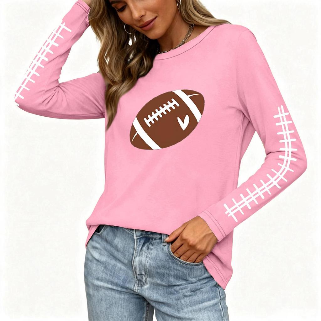 Women's Long Sleeve Neck Top with Rugby Print and Side Slit Hem