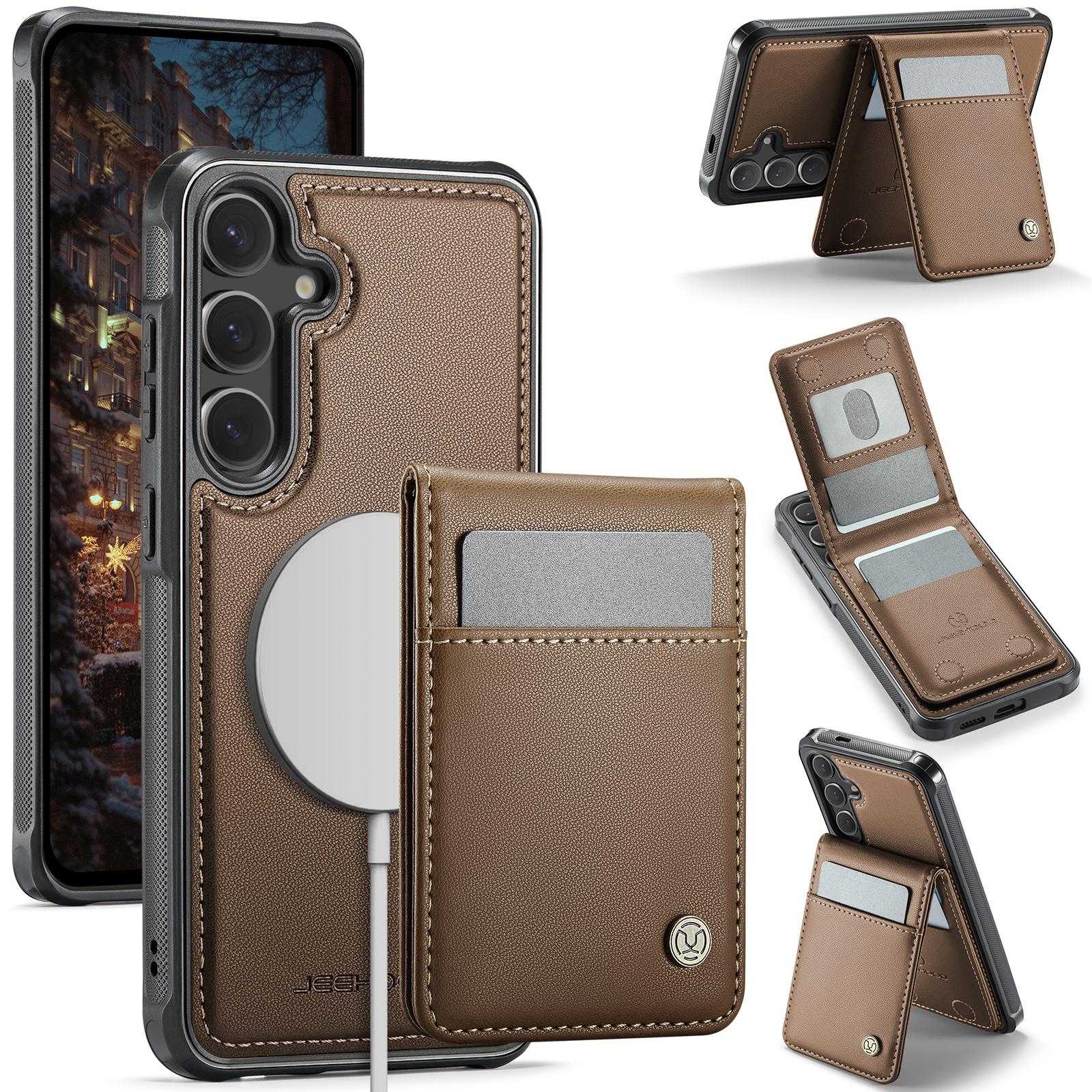 

For Samsung Galaxy S24 Leather Back Cover Compatible with MagSafe JEEHOOD J06 Phone Case with Card Bag RFID Blocking Brown