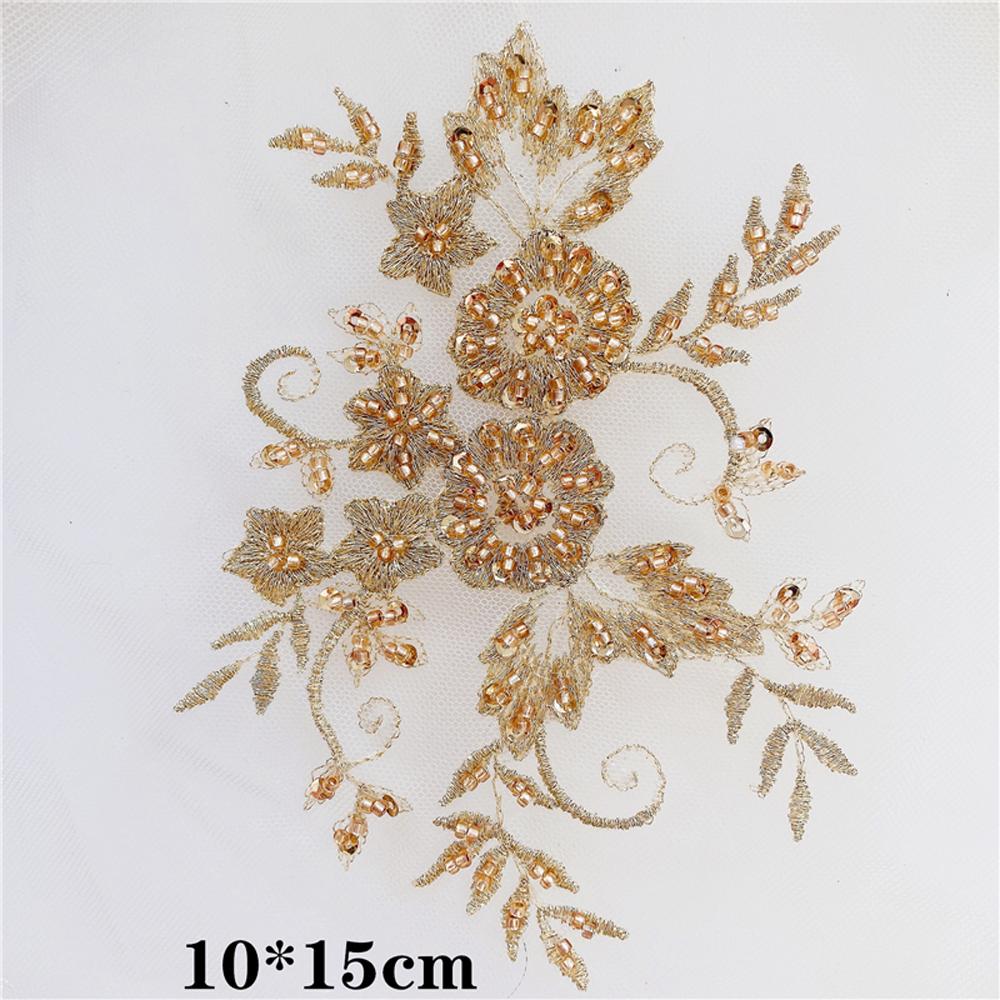 1Pcs Golden Silver Lace Applique Beads Neckline Collar Appliques Embroidery Lace Trim Fabric Cloth Sewing Patchwork