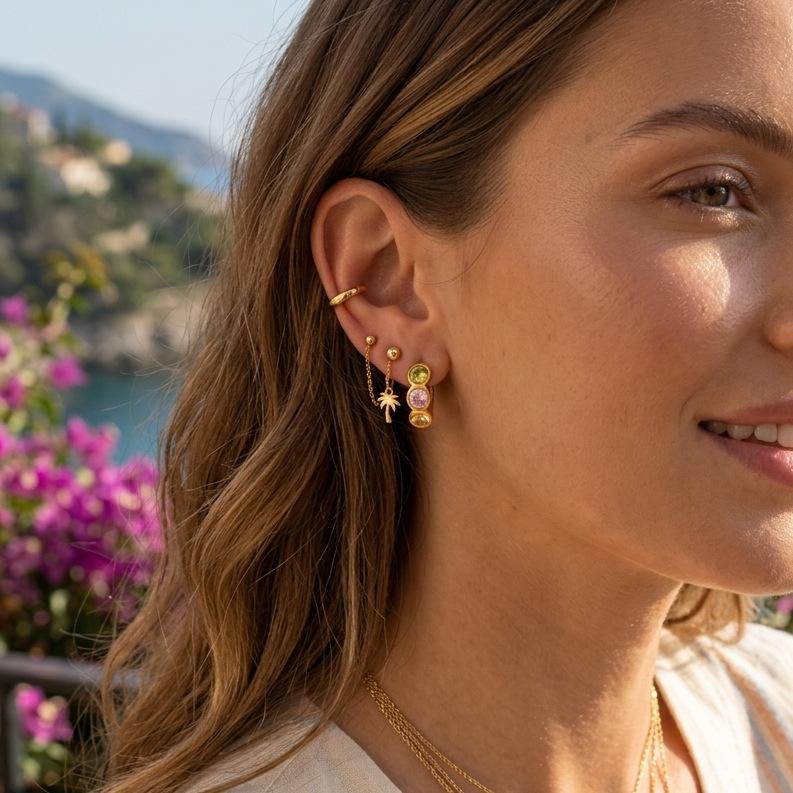 Waterproof Stainless Steel CZ Huggie Earrings 18K Gold Plated Three Stone Colorful Cubic Zirconia Hoop Earrings for Women