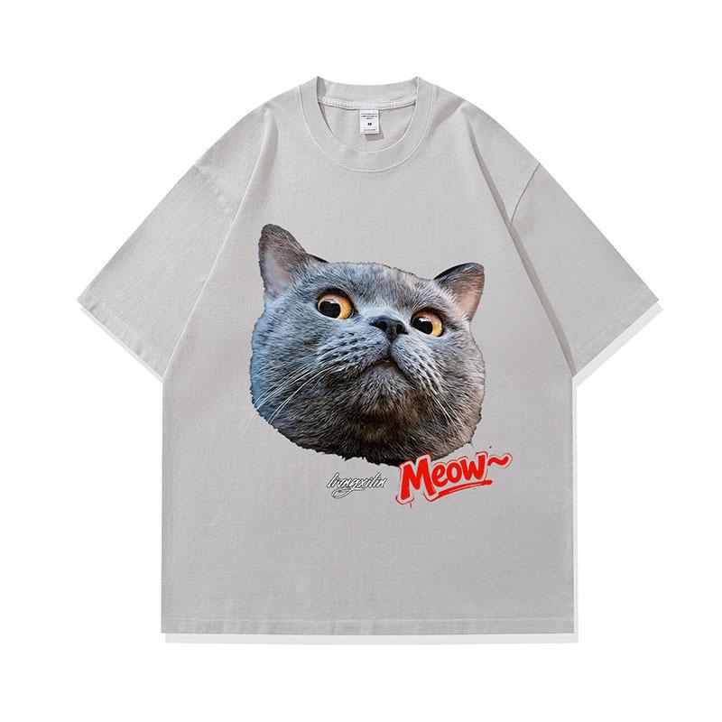 Men'S T-Shirt Street Retro Cat Digital Direct Injection Printing Pod Custom Cotton Washed Short-Sleeved T-Shirt Men