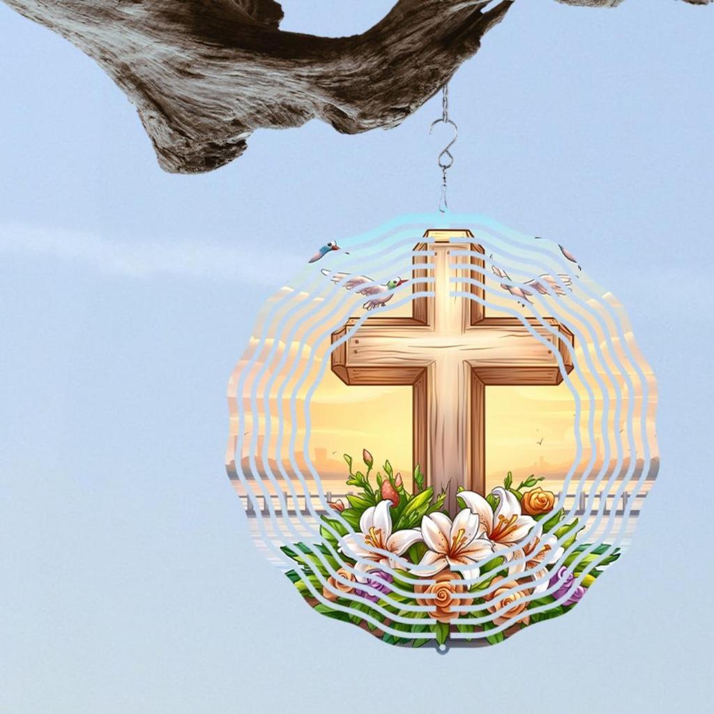 Elegant 3D Rotating Cross Metal Wind Spinner - Serene Sunrise Design with Lilies & Doves, Handcrafted Foldable Windmill for Festive Outdoor Decor