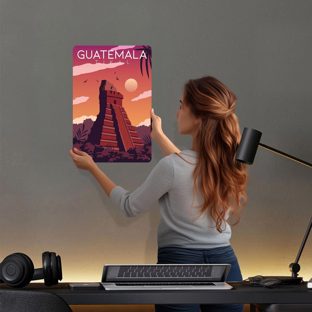 Guatemala Tikal Temple Tinplate Signs Travel Poster Wall Art of Murals Custom Metal Sign for Wall Art Decoration Retro Man Cave