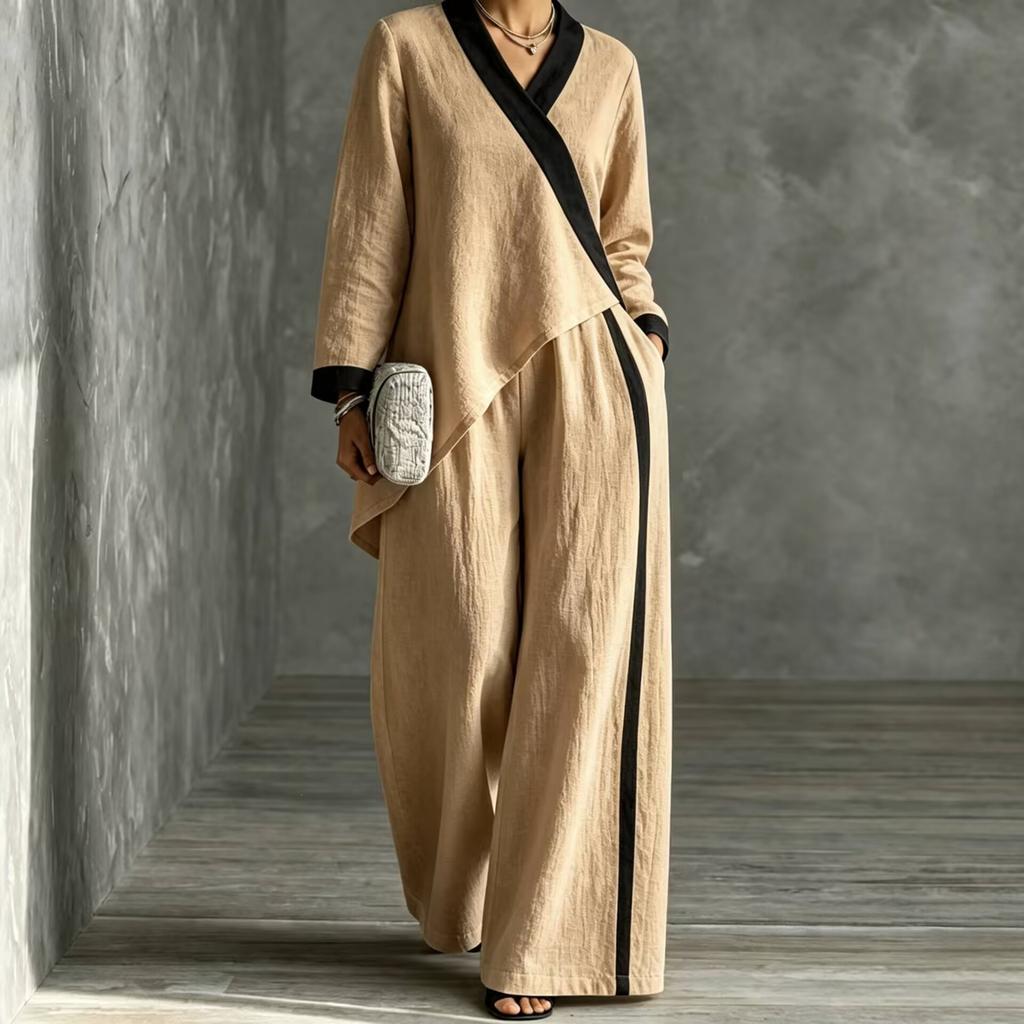 2026 Autumn Women's Clothing Popular Contrasting Color V-neck Irregular Top Wide-leg Pants Loose Casual Suit