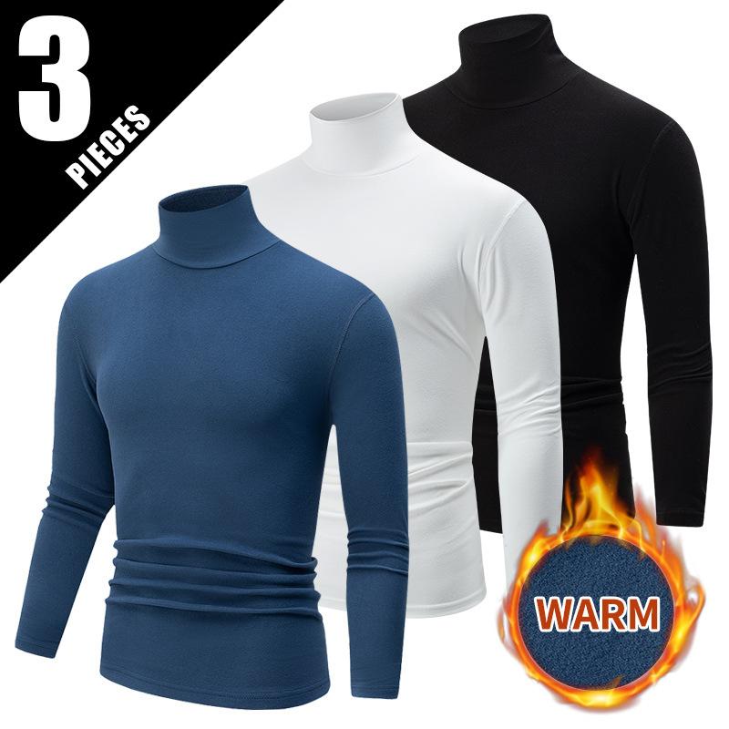 Simple Long-Sleeve Turtleneck Men's Work Long-Sleeve Top 3pcs Set, European and American Fashion Trend T-Shirt